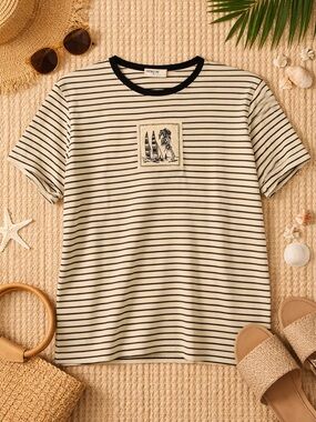 Striped Tee with Sailboat Patch - Navy Blue & Cream